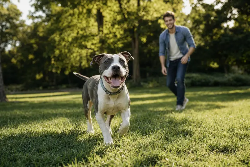 Ein vitaler Pit Bull läuft fröhlich über eine grüne Wiese im Park, während sein Besitzer im Hintergrund mit ihm spielt.