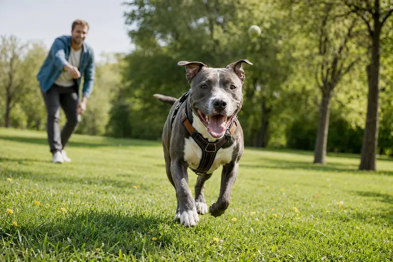 Ein vitaler Pit Bull Terrier läuft fröhlich über eine grüne Wiese im Park, während sein Besitzer im Hintergrund mit ihm spielt.