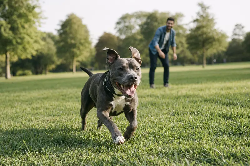 Ein vitaler Pitbullterrier läuft fröhlich über eine grüne Wiese im Park, während sein Besitzer im Hintergrund mit ihm spielt.