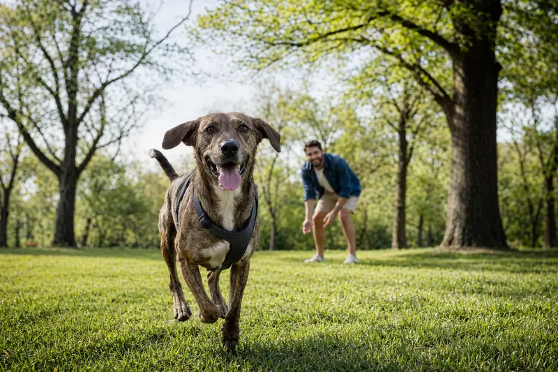 Ein vitaler Plott-Hound Hund läuft fröhlich über eine grüne Wiese, während sein Besitzer im Hintergrund mit ihm spielt.