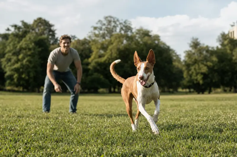 Ein vitaler Podenco Andaluz läuft fröhlich über eine grüne Wiese im Park, während sein Besitzer im Hintergrund mit ihm spielt.