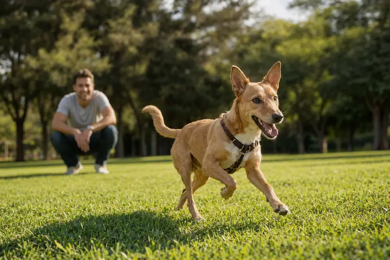 Ein vitaler Podenco Enano läuft fröhlich über eine grüne Wiese im Park, während sein Besitzer im Hintergrund mit ihm spielt.
