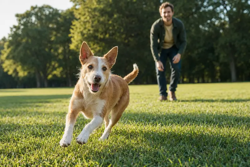 Ein vitaler Podengo Medio läuft fröhlich über eine grüne Wiese im Park, während sein Besitzer im Hintergrund mit ihm spielt.