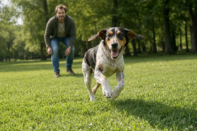 Ein fröhlicher Polnische Bracke Hund läuft über eine grüne Wiese, während sein Besitzer mit ihm spielt.