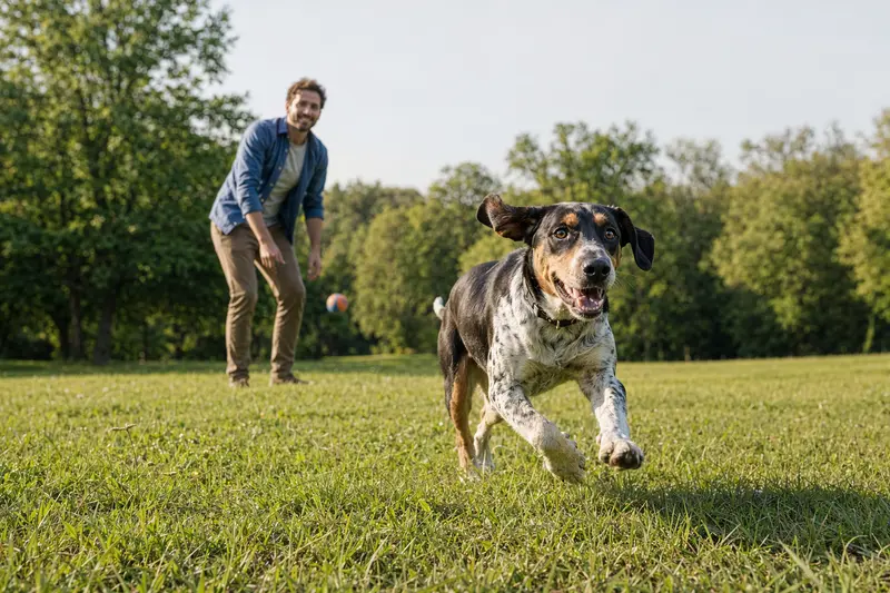 Ein vitaler Polnischer Laufhund läuft fröhlich über eine grüne Wiese im Park, während sein Besitzer im Hintergrund mit ihm spielt.