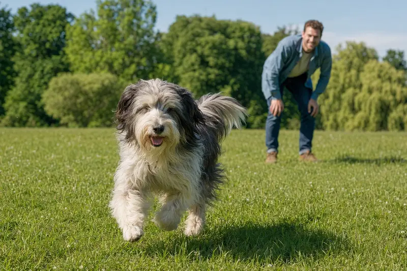 Polnischer Niederungshütehund läuft fröhlich über eine grüne Wiese im Park, während sein Besitzer im Hintergrund mit ihm spielt.