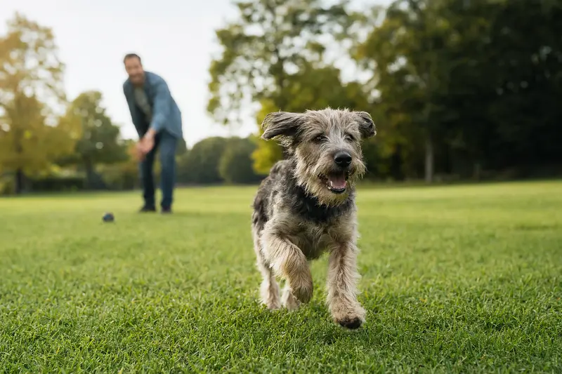 Ein fröhlicher Poltalloch Terrier läuft auf einer grünen Wiese im Park, während sein Besitzer im Hintergrund mit ihm spielt.