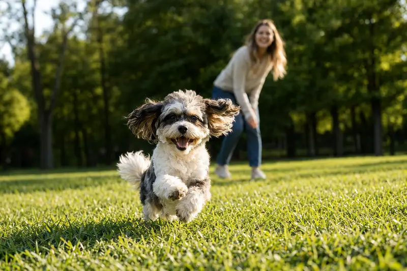 Ein vitaler Porcelaine Hund läuft fröhlich über eine grüne Wiese im Park, während sein Besitzer im Hintergrund mit ihm spielt.