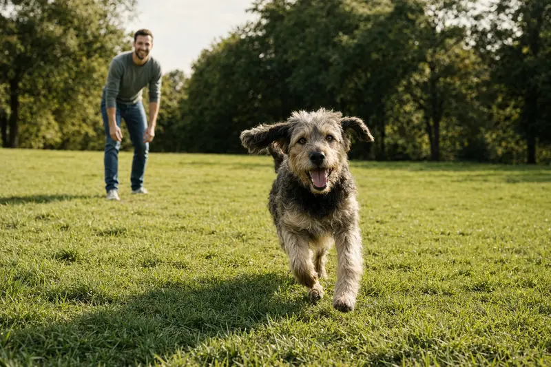 Ein vitaler Portugiesischer Hühnerhund läuft fröhlich über eine grüne Wiese im Park, während sein Besitzer im Hintergrund mit ihm spielt.