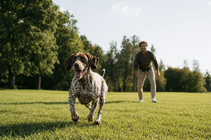 Ein vitaler Portugiesischer Vorstehhund läuft fröhlich über eine grüne Wiese im Park, während sein Besitzer im Hintergrund mit ihm spielt.