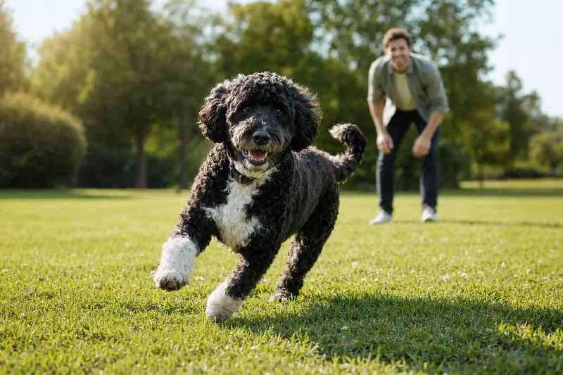 Ein glücklicher Portugiesischer Wasserhund spielt fröhlich auf einer Wiese im Park, während sein Besitzer im Hintergrund mit ihm interagiert.