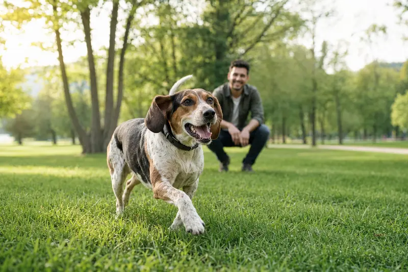 Ein vitaler Posavski Gonic läuft fröhlich über eine grüne Wiese im Park, während sein Besitzer im Hintergrund mit ihm spielt.