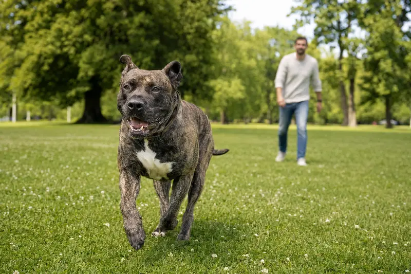 Ein lebhafter Presa Canario Hund läuft fröhlich über eine grüne Wiese, während sein Besitzer im Hintergrund mit ihm spielt.