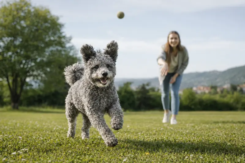 Ein vitaler Pumi Hund läuft fröhlich über eine grüne Wiese im Park, während sein Besitzer im Hintergrund mit ihm spielt.