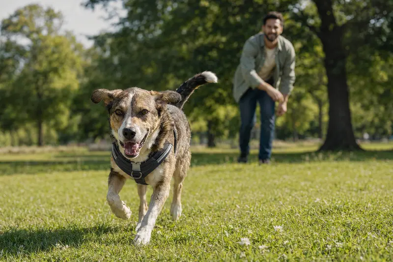 Ein vitaler Puwo-Hund läuft fröhlich über die grüne Wiese im Park, während sein Besitzer im Hintergrund mit ihm spielt.