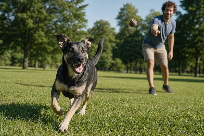Ein vitaler Pyrenäen-Schäferhund läuft fröhlich über eine grüne Wiese im Park, während sein Besitzer im Hintergrund mit ihm spielt.