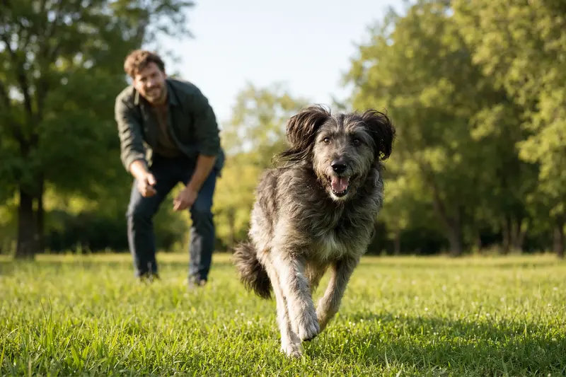 Ein vitaler Pyrenäenschäferhund läuft fröhlich über eine grüne Wiese im Park, während sein Besitzer im Hintergrund mit ihm spielt.