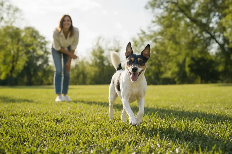 Ein vitaler Rat Terrier läuft fröhlich über eine grüne Wiese im Park, während sein Besitzer im Hintergrund mit ihm spielt.