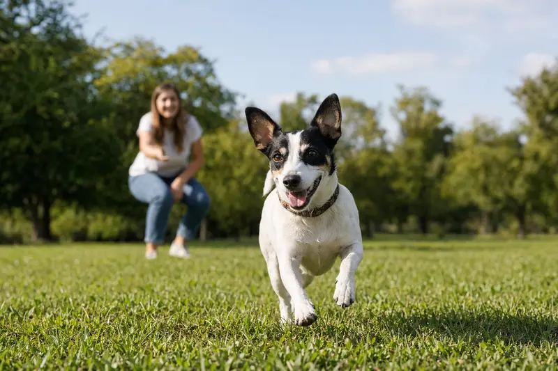 Ein vitaler Ratonero Andaluz läuft fröhlich über eine grüne Wiese im Park, während sein Besitzer im Hintergrund mit ihm spielt.
