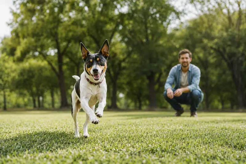 Ein vitaler Ratonero Bodeguero Andaluz läuft fröhlich über eine grüne Wiese im Park, während sein Besitzer im Hintergrund mit ihm spielt.