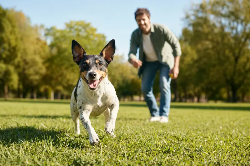 Ein vitaler Ratonero Valenciano läuft fröhlich über eine grüne Wiese im Park, während sein Besitzer im Hintergrund mit ihm spielt.