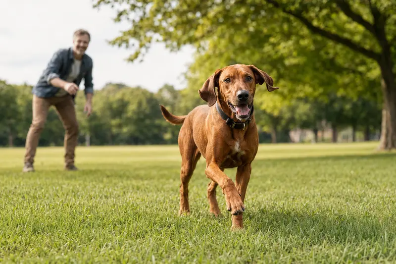 Ein vitaler Redbone Coonhound läuft fröhlich über eine grüne Wiese im Park, während sein Besitzer im Hintergrund mit ihm spielt.