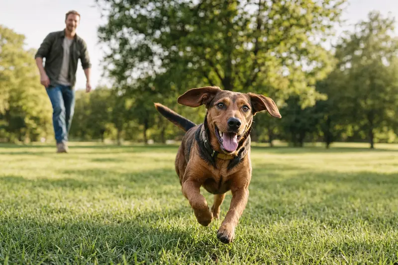 Ein vitaler Redtick Coonhound läuft fröhlich über eine grüne Wiese im Park, während sein Besitzer im Hintergrund mit ihm spielt.