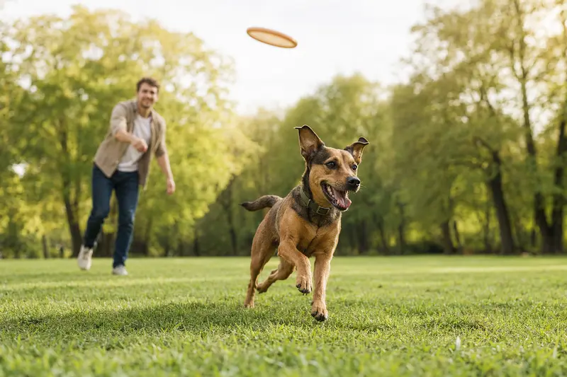Ein vitaler Rehpinscher läuft fröhlich über eine grüne Wiese im Park, während sein Besitzer im Hintergrund mit ihm spielt.
