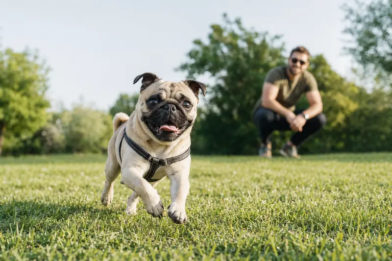 Ein vitaler Retro-Mops läuft fröhlich über eine grüne Wiese im Park, während sein Besitzer im Hintergrund mit ihm spielt.