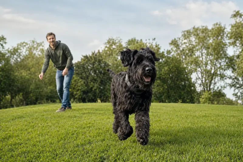 Ein vitaler Riesenschnauzer läuft fröhlich über eine grüne Wiese im Park, während sein Besitzer im Hintergrund mit ihm spielt.