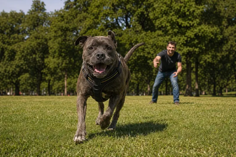 Römischer Kampfhund läuft fröhlich über eine grüne Wiese im Park, während sein Besitzer im Hintergrund mit ihm spielt.