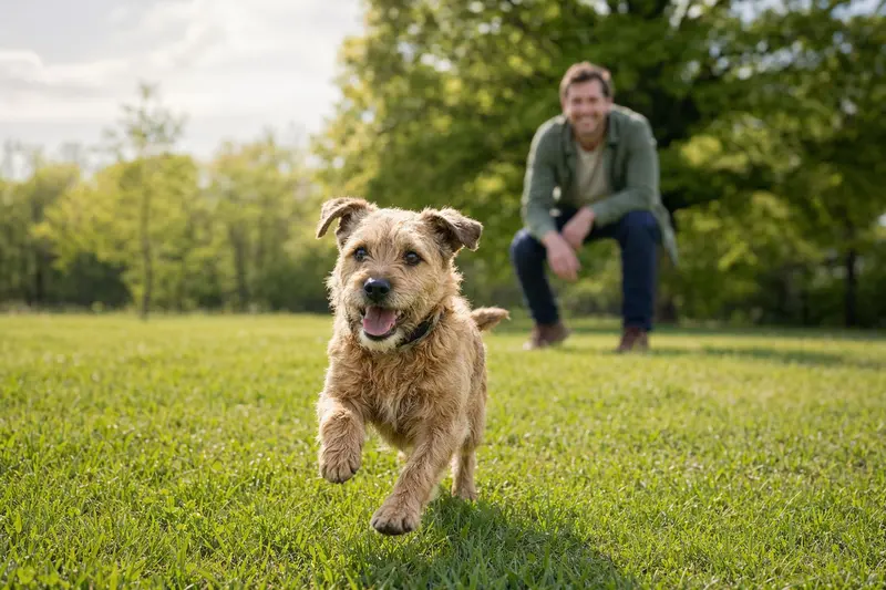 Ein vitaler Roseneath Terrier läuft fröhlich über eine grüne Wiese im Park, während sein Besitzer im Hintergrund mit ihm spielt.