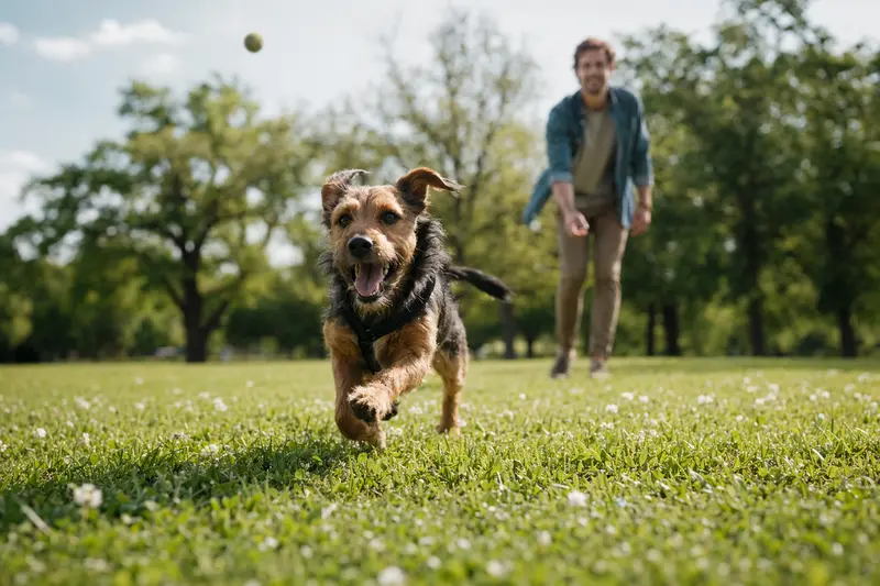 Ein vitaler Rothbury Terrier läuft fröhlich über eine grüne Wiese im Park, während sein Besitzer im Hintergrund mit ihm spielt.
