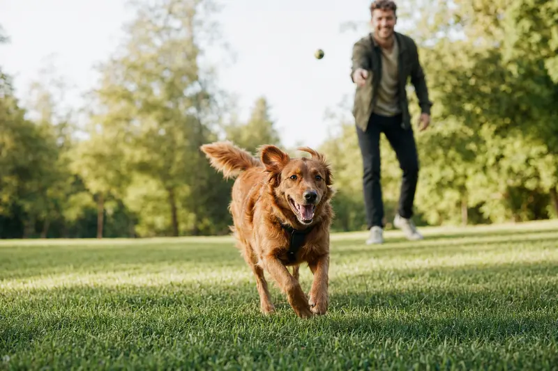 Ein vitaler Ruby Hund läuft fröhlich über eine grüne Wiese im Park, während sein Besitzer im Hintergrund mit ihm spielt.