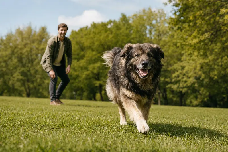 Ein vitaler Rumänischer Karpatenscheferhund läuft fröhlich über eine grüne Wiese im Park, während sein Besitzer im Hintergrund mit ihm spielt.