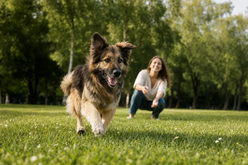 Ein vitaler Rumänischer Schäferhund läuft fröhlich über die grüne Wiese im Park, während sein Besitzer im Hintergrund mit ihm spielt.