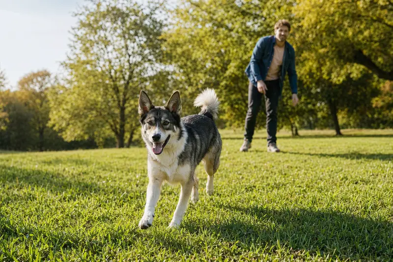 Ein Russisch-Europäischer Laika läuft fröhlich über die grüne Wiese im Park, während sein Besitzer im Hintergrund mit ihm spielt.