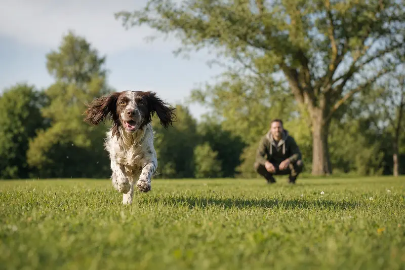 Ein Russischer Jagdspaniel läuft fröhlich über eine grüne Wiese im Park, während sein Besitzer im Hintergrund mit ihm spielt.