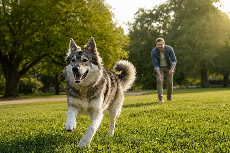Vitaler Russischer Wolfshund läuft fröhlich über eine grüne Wiese im Park, während sein Besitzer im Hintergrund mit ihm spielt.