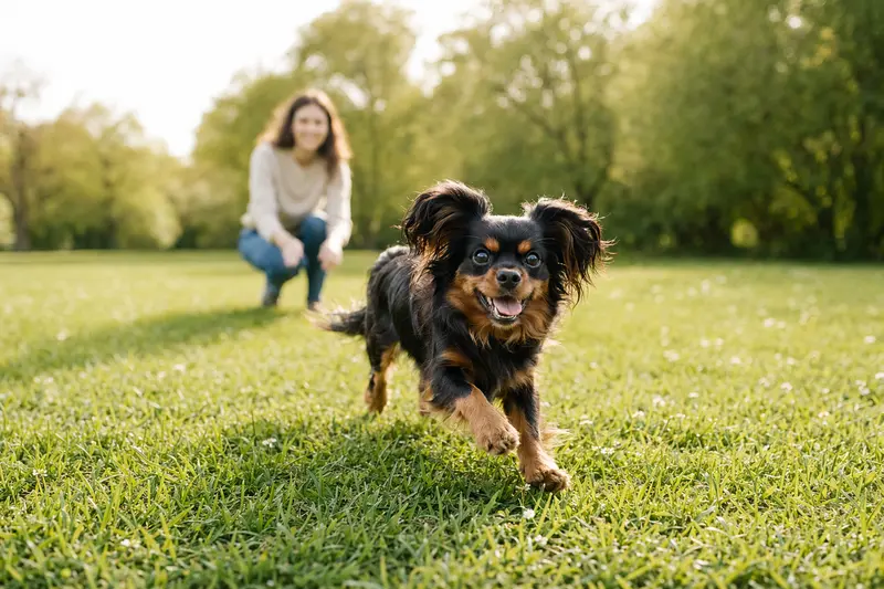 Ein vitaler Russischer Zwergspaniel läuft fröhlich über eine grüne Wiese im Park, während sein Besitzer im Hintergrund mit ihm spielt.