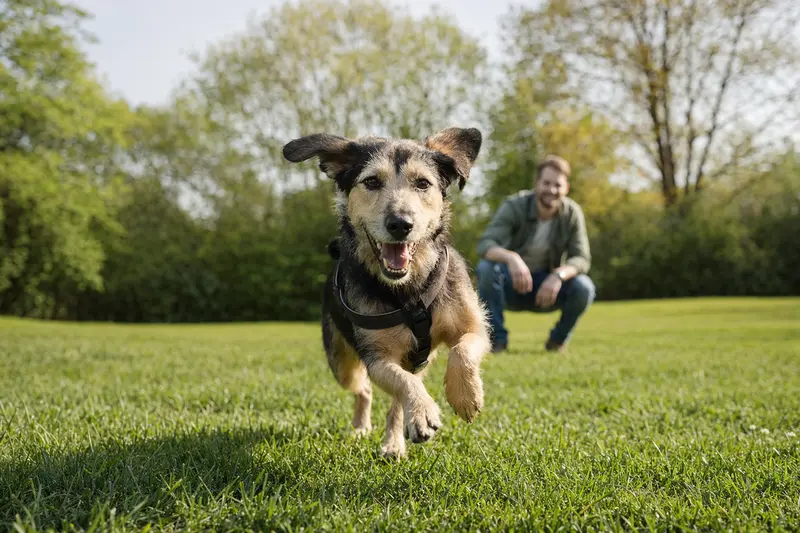 Ein vitaler Sanshu Hund läuft fröhlich über eine grüne Wiese im Park, während sein Besitzer im Hintergrund mit ihm spielt.