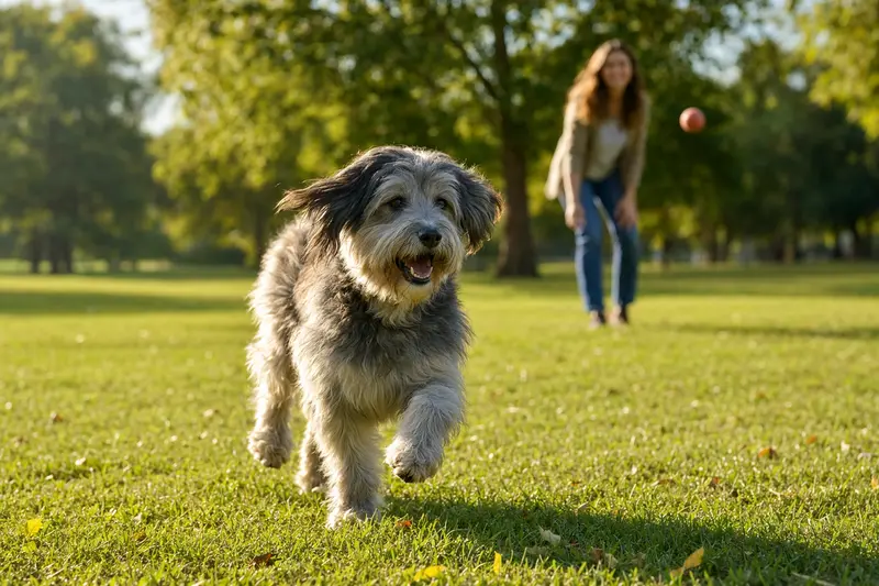 Ein vitaler Sapsali Hund läuft fröhlich über eine grüne Wiese im Park, während sein Besitzer im Hintergrund mit ihm spielt.