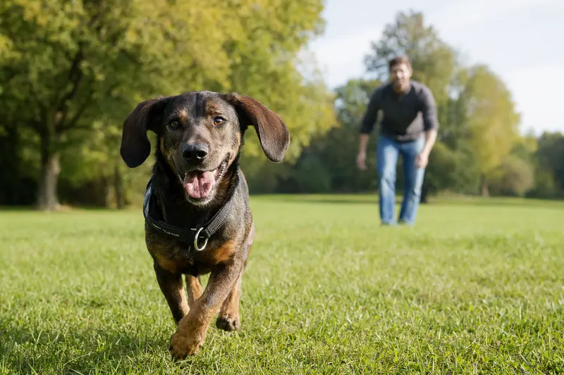 Ein vitaler Sauerländer Dachsbracke Hund läuft fröhlich über eine grüne Wiese im Park, während sein Besitzer im Hintergrund mit ihm spielt.
