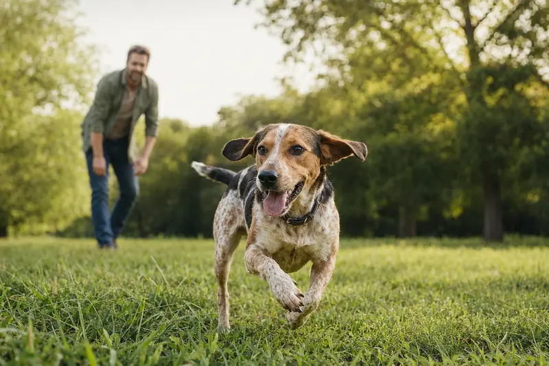 Ein vitaler Bracke-Hund läuft fröhlich über eine grüne Wiese im Park, während sein Besitzer im Hintergrund mit ihm spielt.