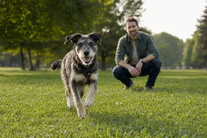 Ein vitaler SBT Hund läuft fröhlich über eine grüne Wiese im Park, während sein Besitzer im Hintergrund mit ihm spielt.