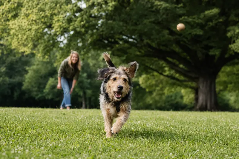 Ein vitaler Hund läuft fröhlich über eine grüne Wiese im Park, während sein Besitzer im Hintergrund mit ihm spielt.