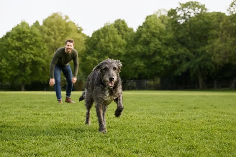 Ein fröhlicher Schottischer Hirschhund läuft über eine grüne Wiese, während sein Besitzer im Hintergrund mit ihm spielt.