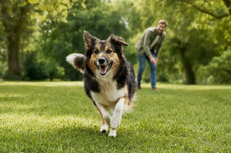 Ein vitaler Schottischer Schäferhund läuft fröhlich über eine grüne Wiese im Park, während sein Besitzer im Hintergrund mit ihm spielt.