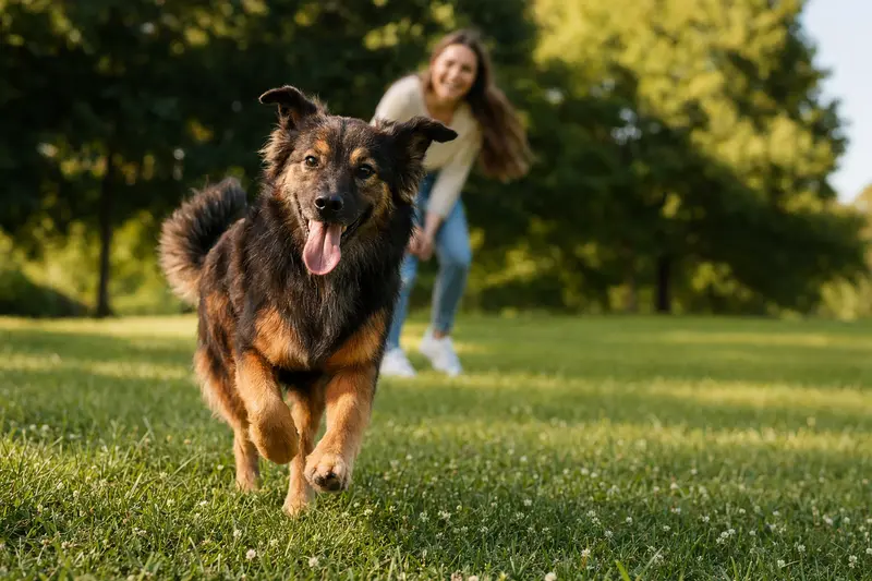 Ein vitaler Waschbärenhund läuft fröhlich über eine grüne Wiese im Park, während sein Besitzer im Hintergrund mit ihm spielt.