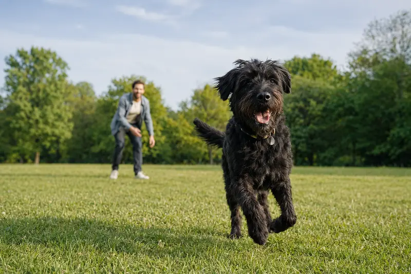 Ein gesunder schwarzer Terrier läuft fröhlich über eine grüne Wiese im Park, während sein Besitzer im Hintergrund mit ihm spielt.
